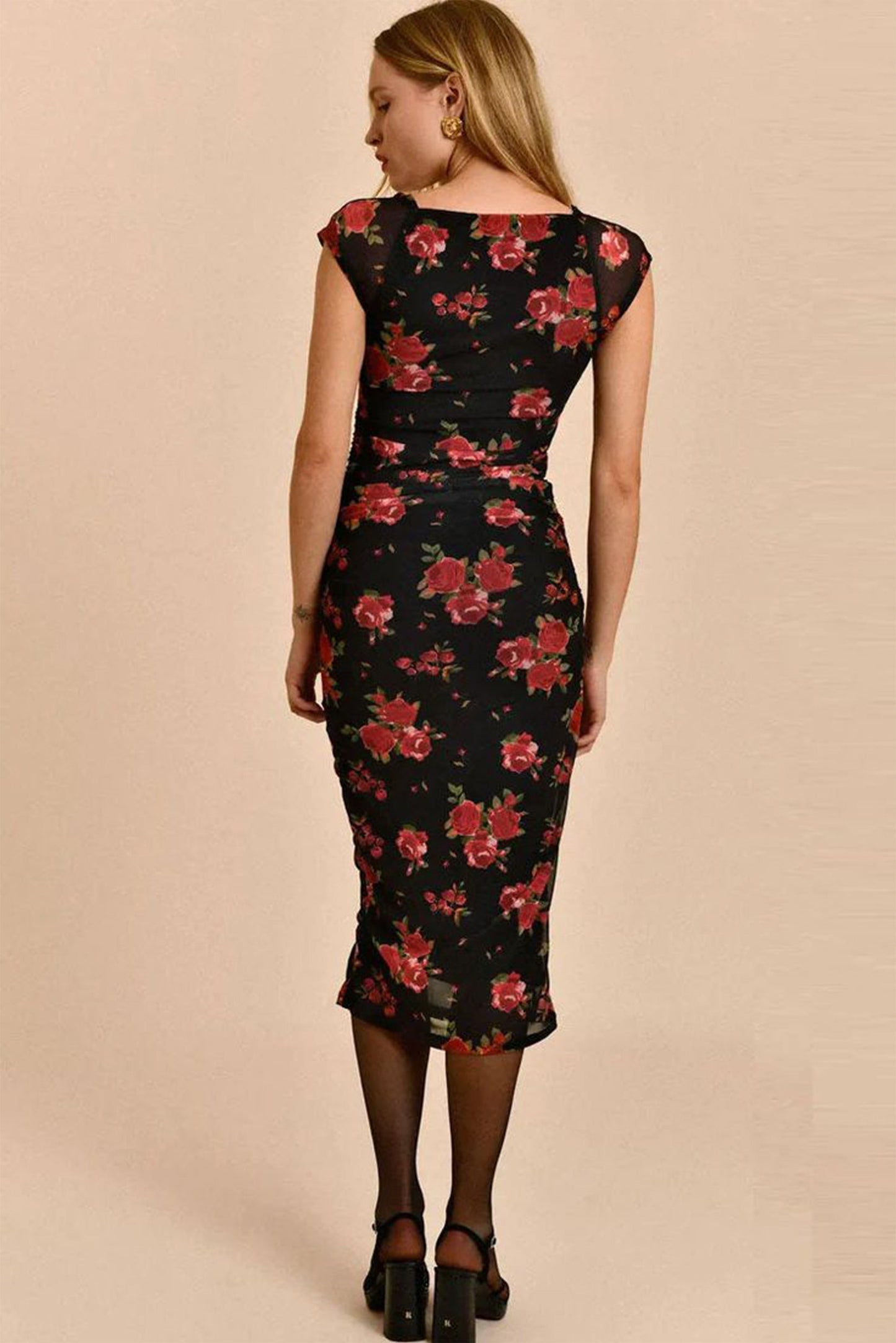 Floral Print Mesh Sweetheart Cap Sleeve Ruched Bodycon Midi Dress