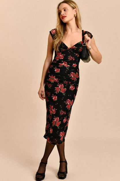 Floral Print Mesh Sweetheart Cap Sleeve Ruched Bodycon Midi Dress