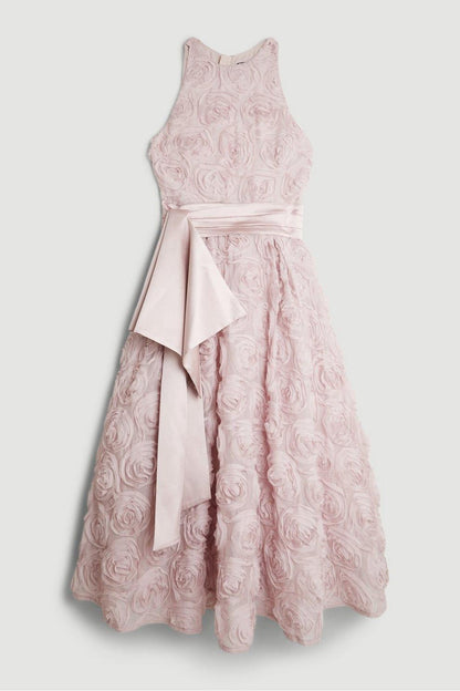 3D Floral Sleeveless Midi Dress With Belt