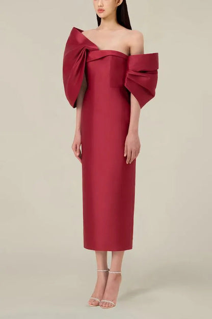 Bow Off-Shoulder Asymmetrical Midi Dress