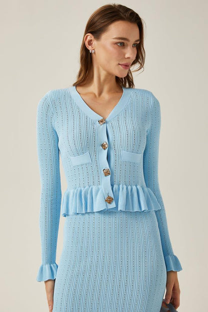 Solid Metal Button Top ＆ High Waist Knit Midi Skirt Set Blue