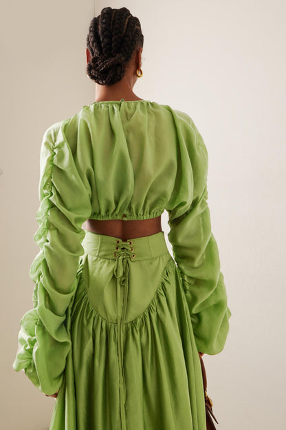 Round Neck Long Sleeve Gathering Top & High Waist Solid Maxi Skirt Set