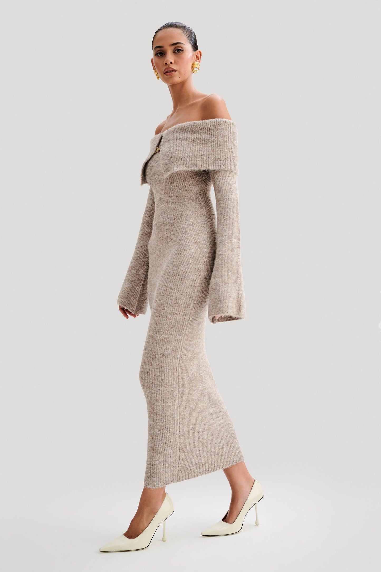 Solid Knit Off-Shoulder Midi Dress
