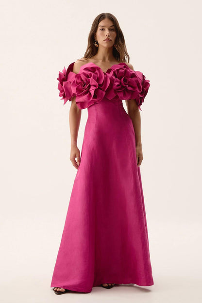 3D Flower Solid Off-Shoulder Midi Dress