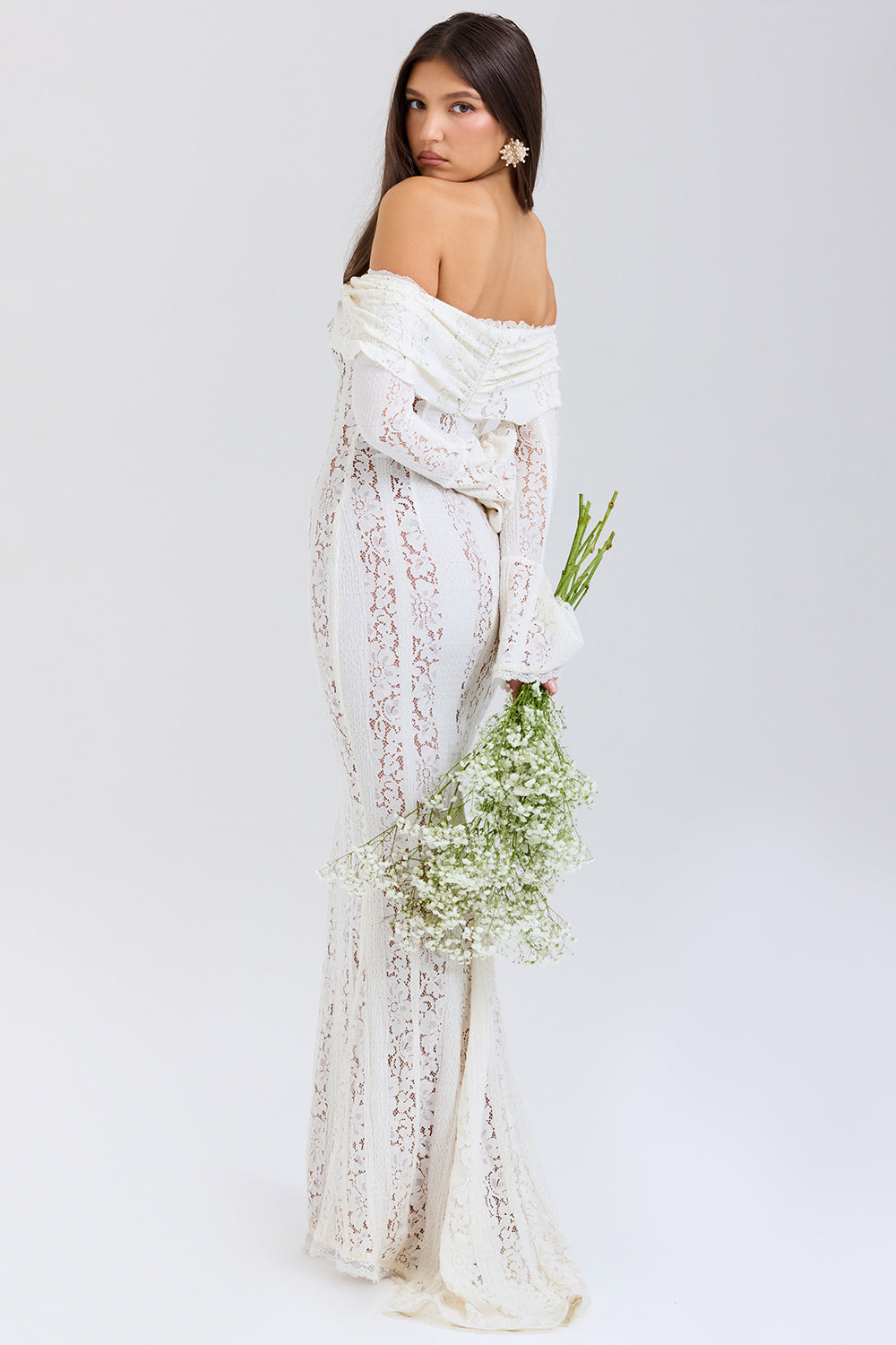 Lace Solid Off-Shoulder Midi Dress