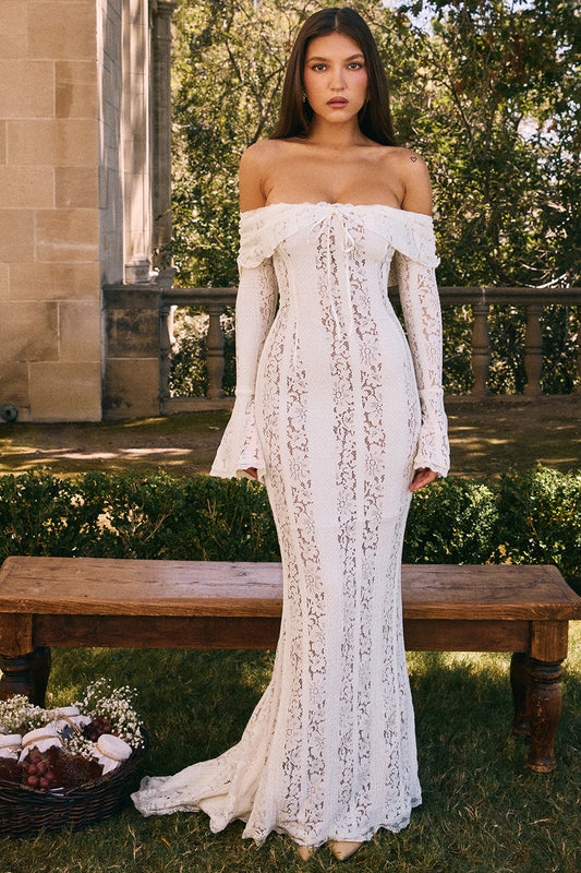 Lace Solid Off-Shoulder Midi Dress