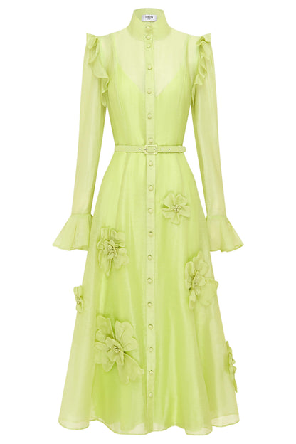 Solid 3D Floral Frill Midi Dress