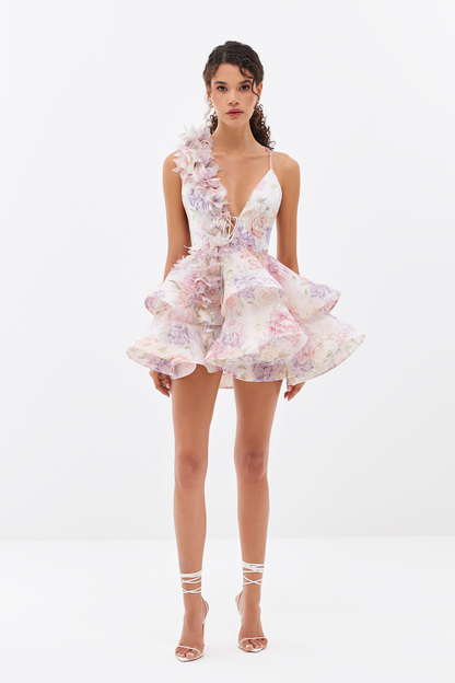 Floral Print Plunging V-Neck 3D Flower Applique Tiered Ruffle Mini Dress