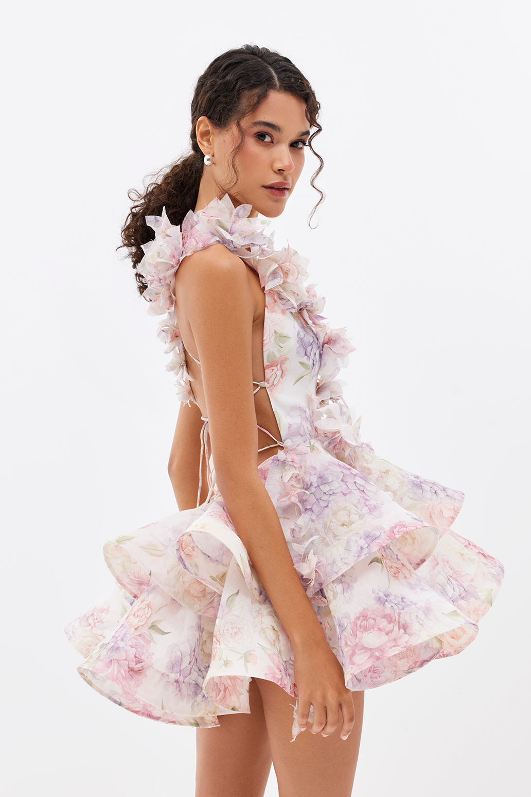 Floral Print Plunging V-Neck 3D Flower Applique Tiered Ruffle Mini Dress