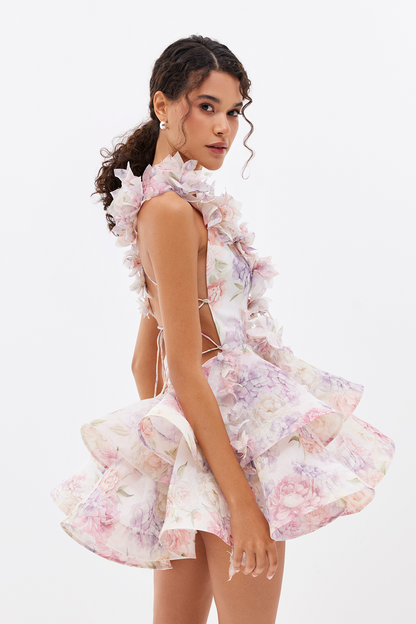 Floral Print Plunging V-Neck 3D Flower Applique Tiered Ruffle Mini Dress