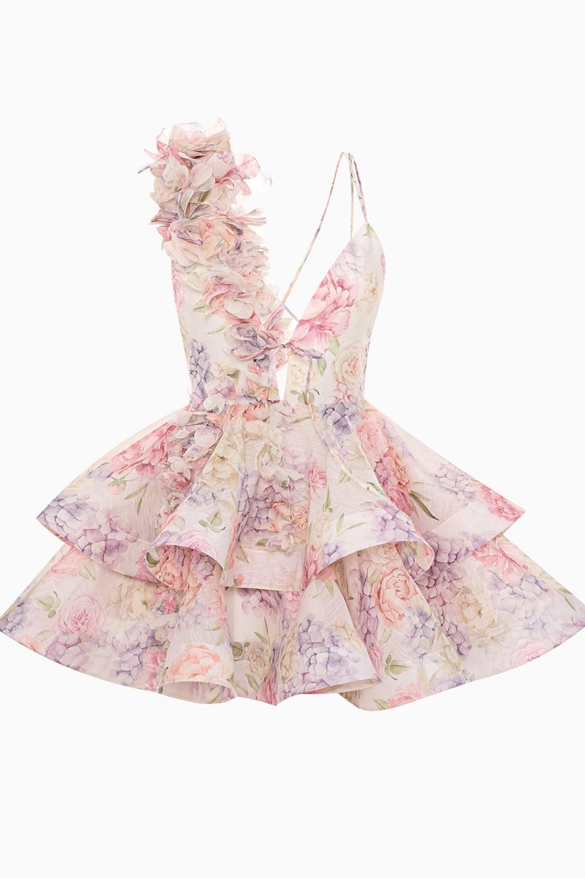 Floral Print Plunging V-Neck 3D Flower Applique Tiered Ruffle Mini Dress