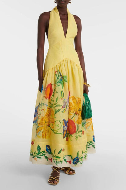 Floral V-Neck Backless Midi Dress