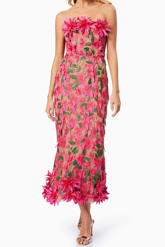 Embroidered 3D Flower Off-Shoulder Midi Dress