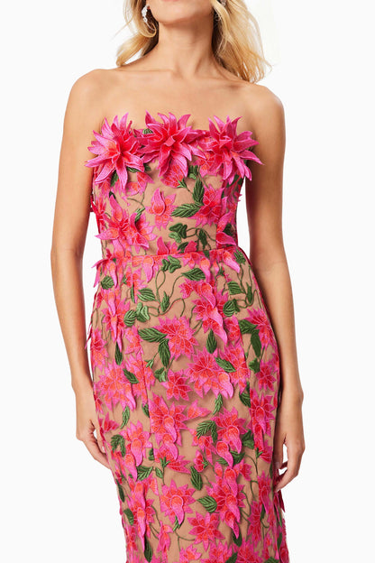 Embroidered 3D Flower Off-Shoulder Midi Dress