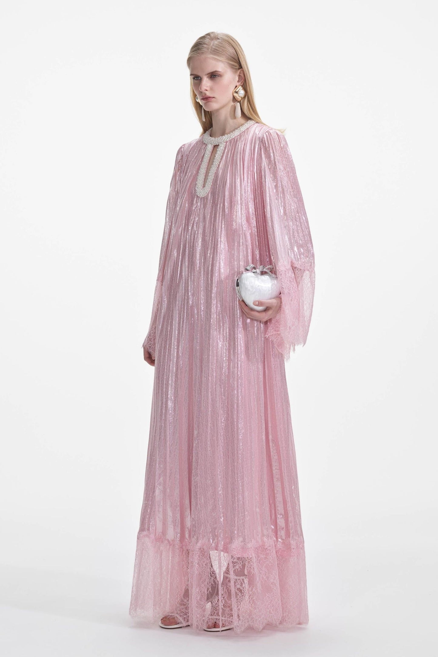 Lace Splicing Satin Faux Pearl Maxi Dress