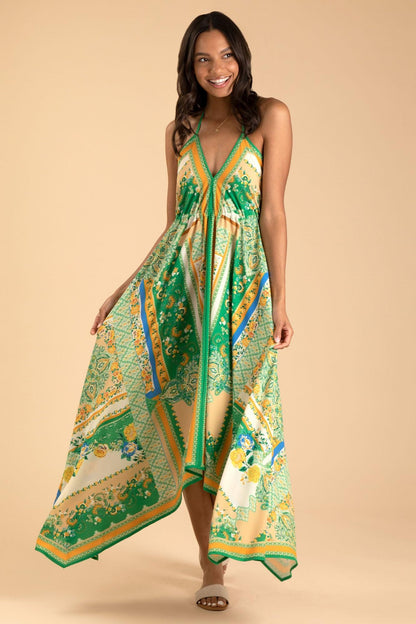 Floral Halter Neck Backless Midi Dress