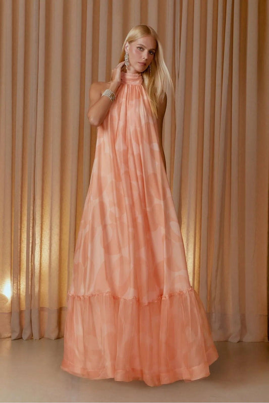 Chiffon Halter Neck Ruffle Maxi Dress