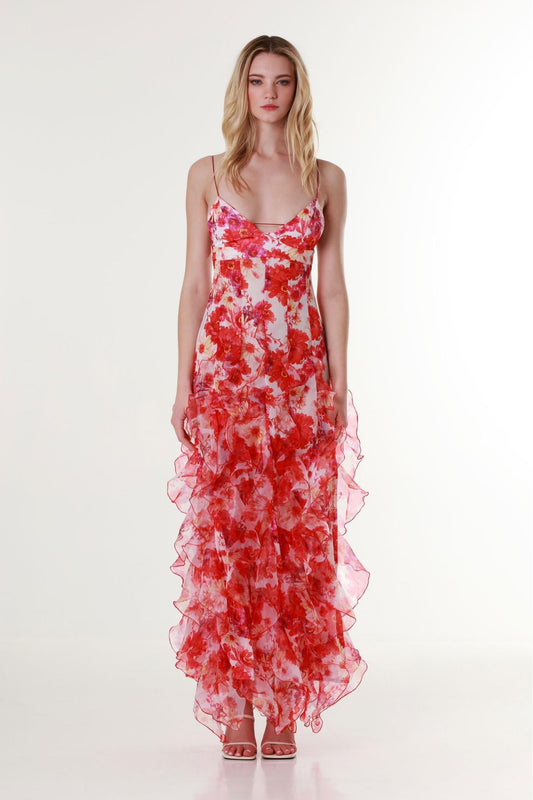 Chiffon Floral Frill Midi Dress