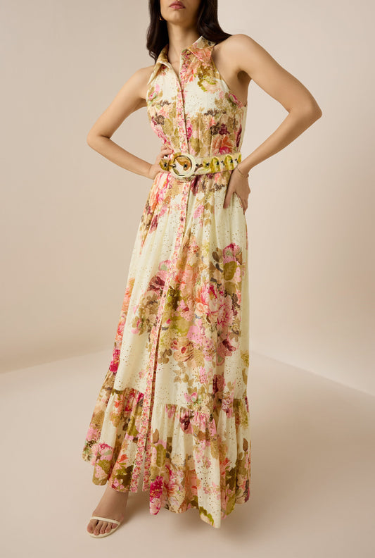Embroidered Floral Maxi Dress With Belt