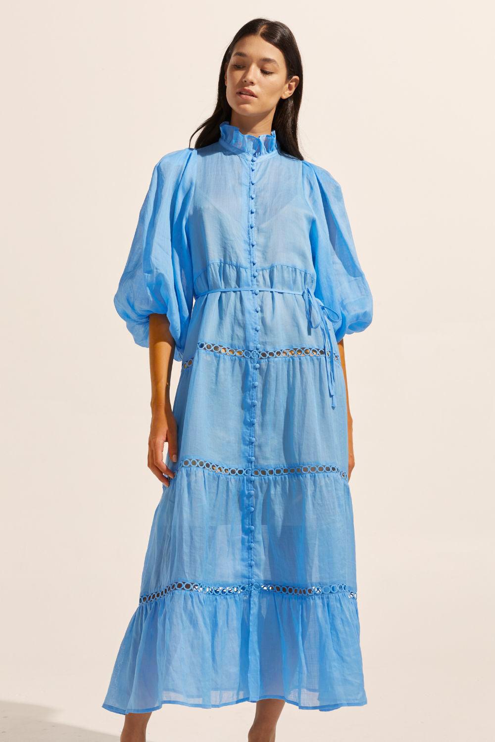 Solid High Neck Lantern Sleeve Midi Dress