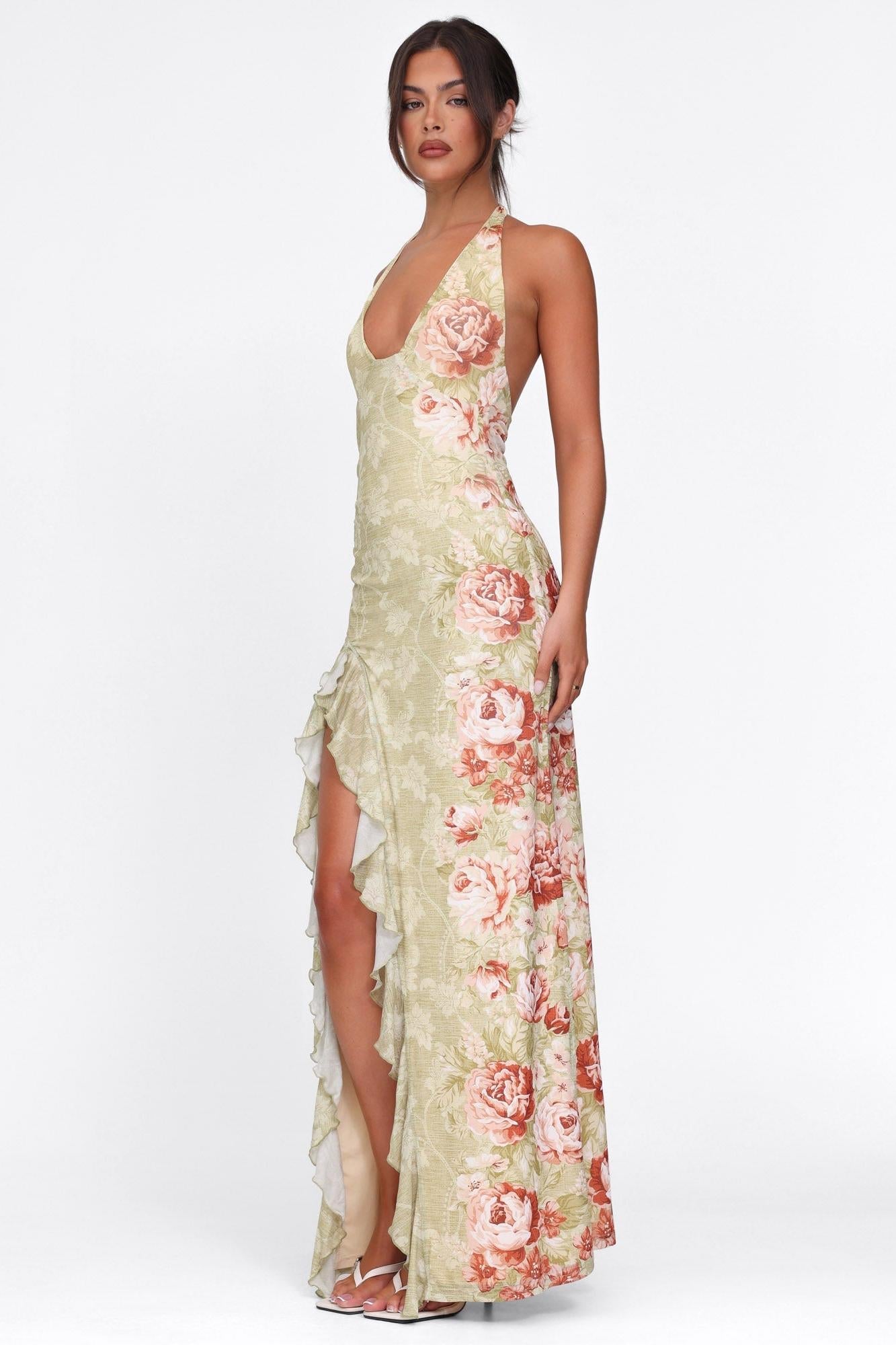 Floral Halter Neck Split Maxi Dress
