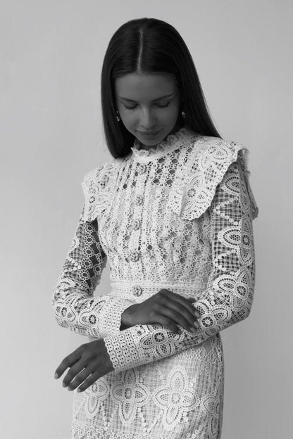 Lace Faux Pearl Button Long Sleeve Midi Dress