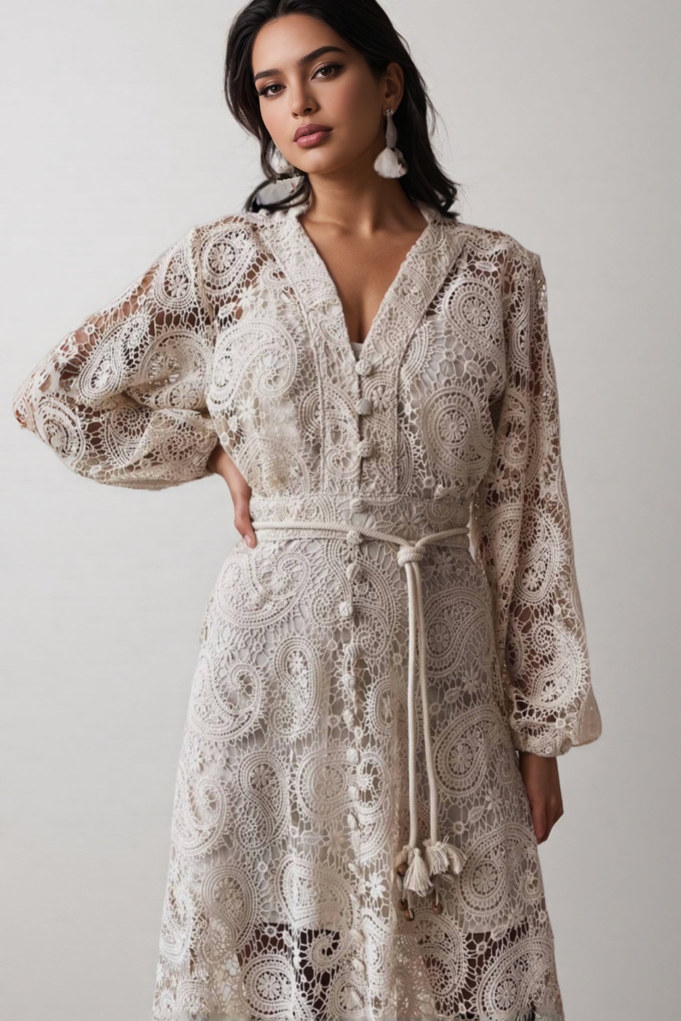 Theod Lace Lantern Sleeve Midi Dress