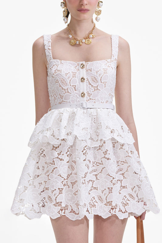 Lace Ruffle Sleeveless Mini Dress With Belt