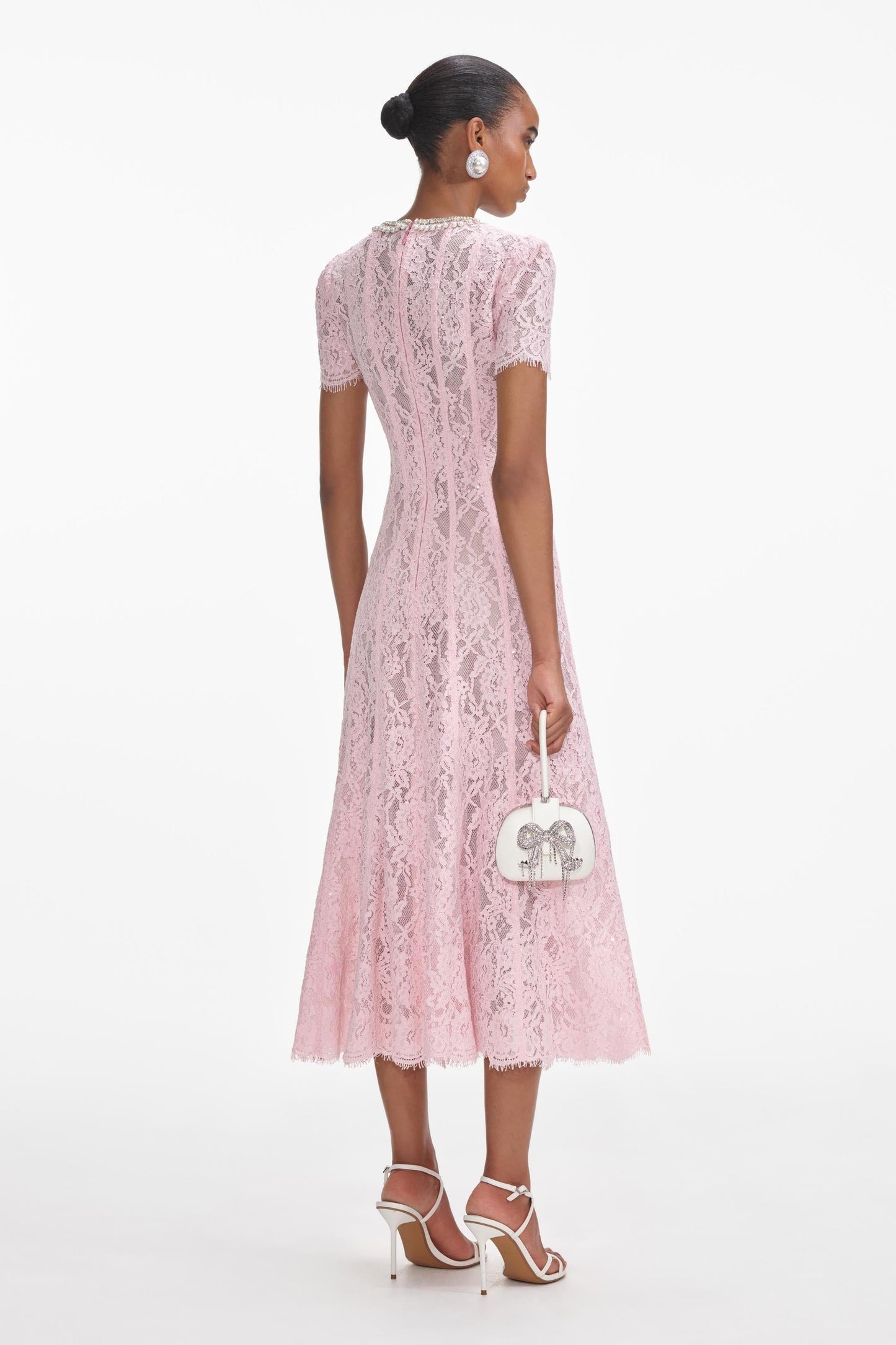 Rhinestone Faux Pearl Lace Midi Dress
