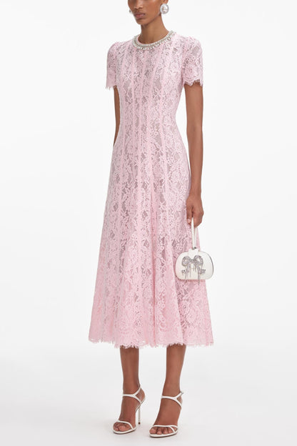 Rhinestone Faux Pearl Lace Midi Dress