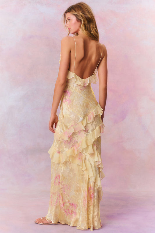 Burn-Out Ruffle Backless Maxi Dress
