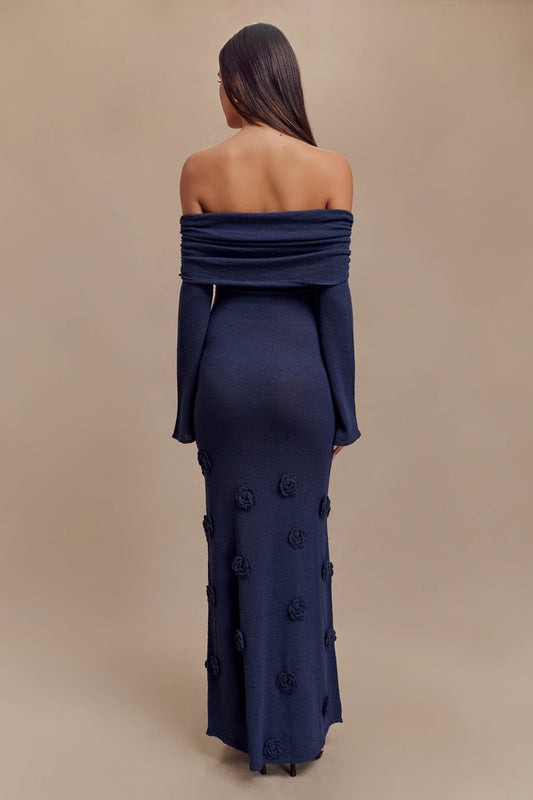 Knit Off-Shoulder 3D Flower Maxi Dress