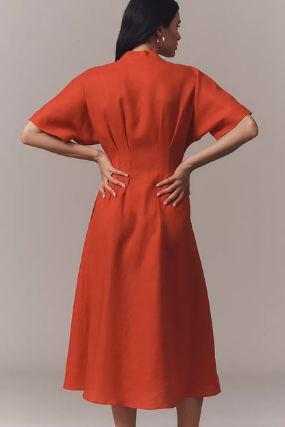 Metal Embellishment V-Neck Pleated Midi Dress
