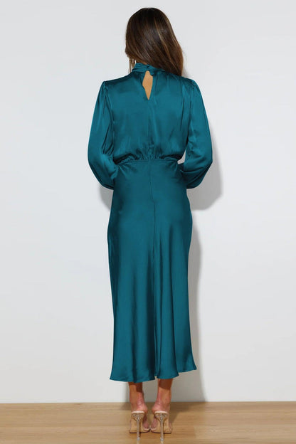 Satin High Neck Long Sleeve Midi Dress