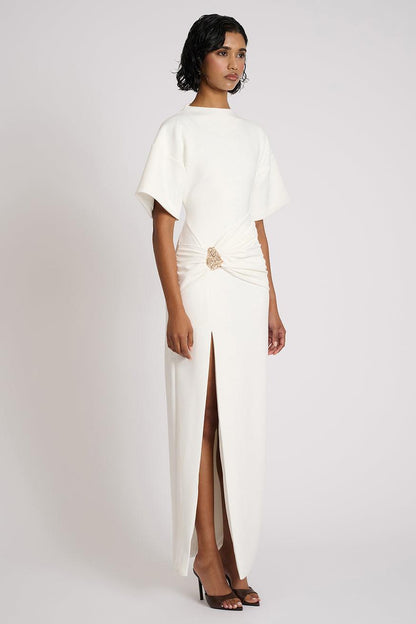 Solid Gathering Metal Button Slit Maxi Dress