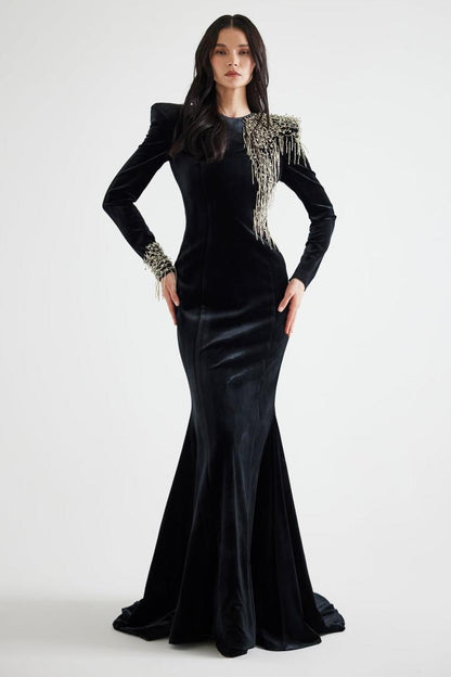 Nail Bead Embroidery Velvet Maxi Dress