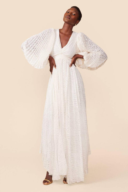 Jacquard Pleated Lantern Sleeve Maxi Dress