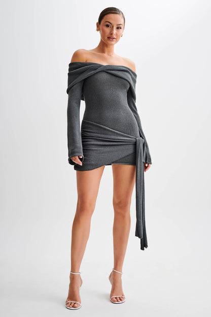Knit Off-Shouler Tie-Up Mini Dress