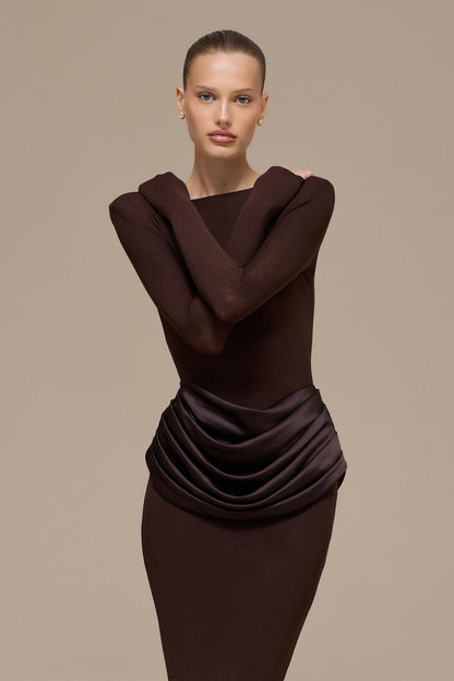 Jersey Splicing Satin Long Sleeve Maxi Dress