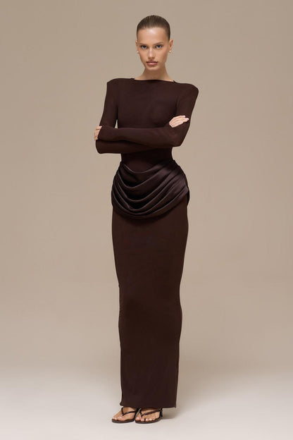 Jersey Splicing Satin Long Sleeve Maxi Dress