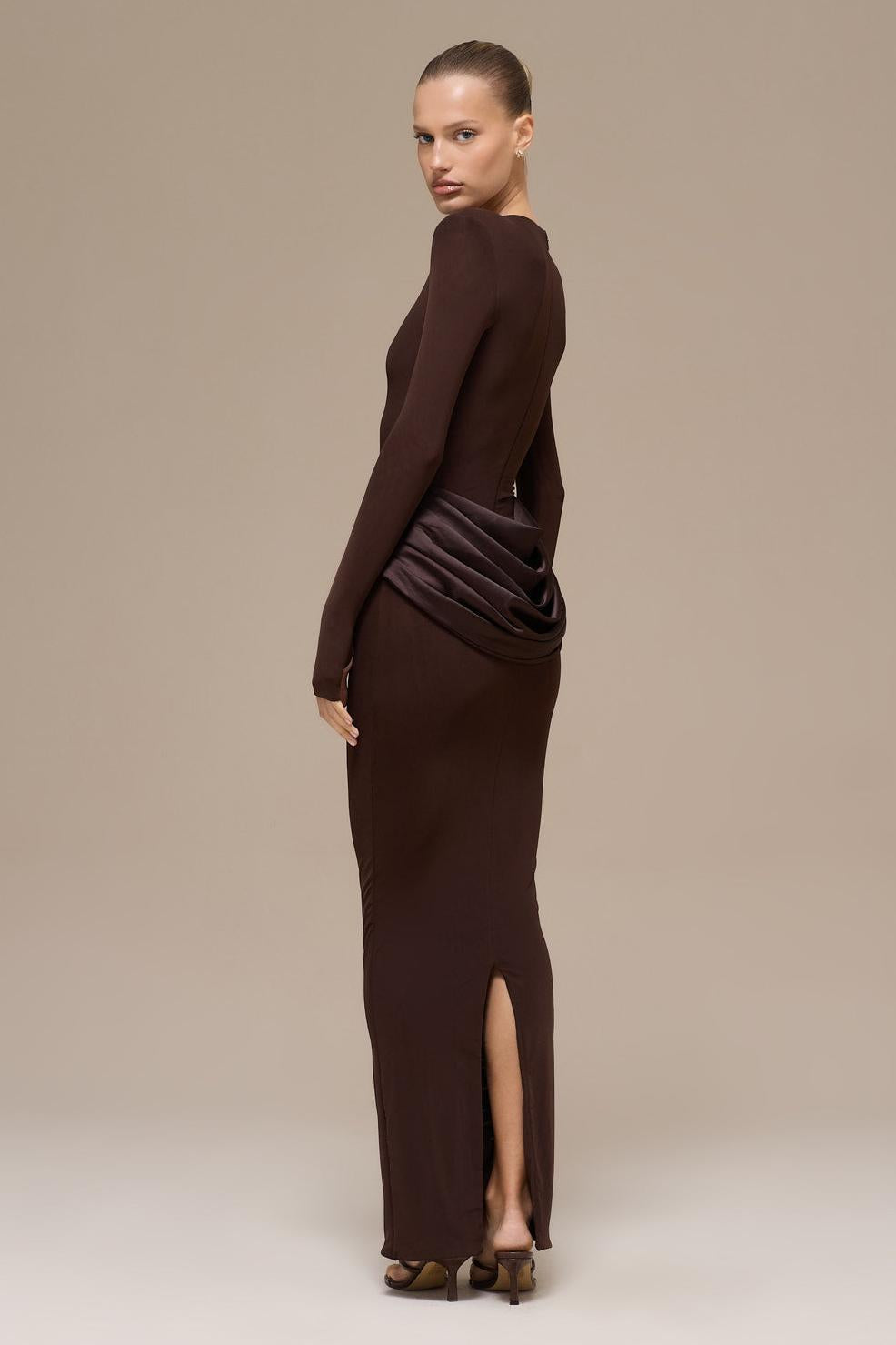 Jersey Splicing Satin Long Sleeve Maxi Dress