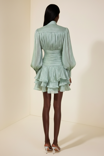 Metal Button Ruffle Gathering Mini Dress