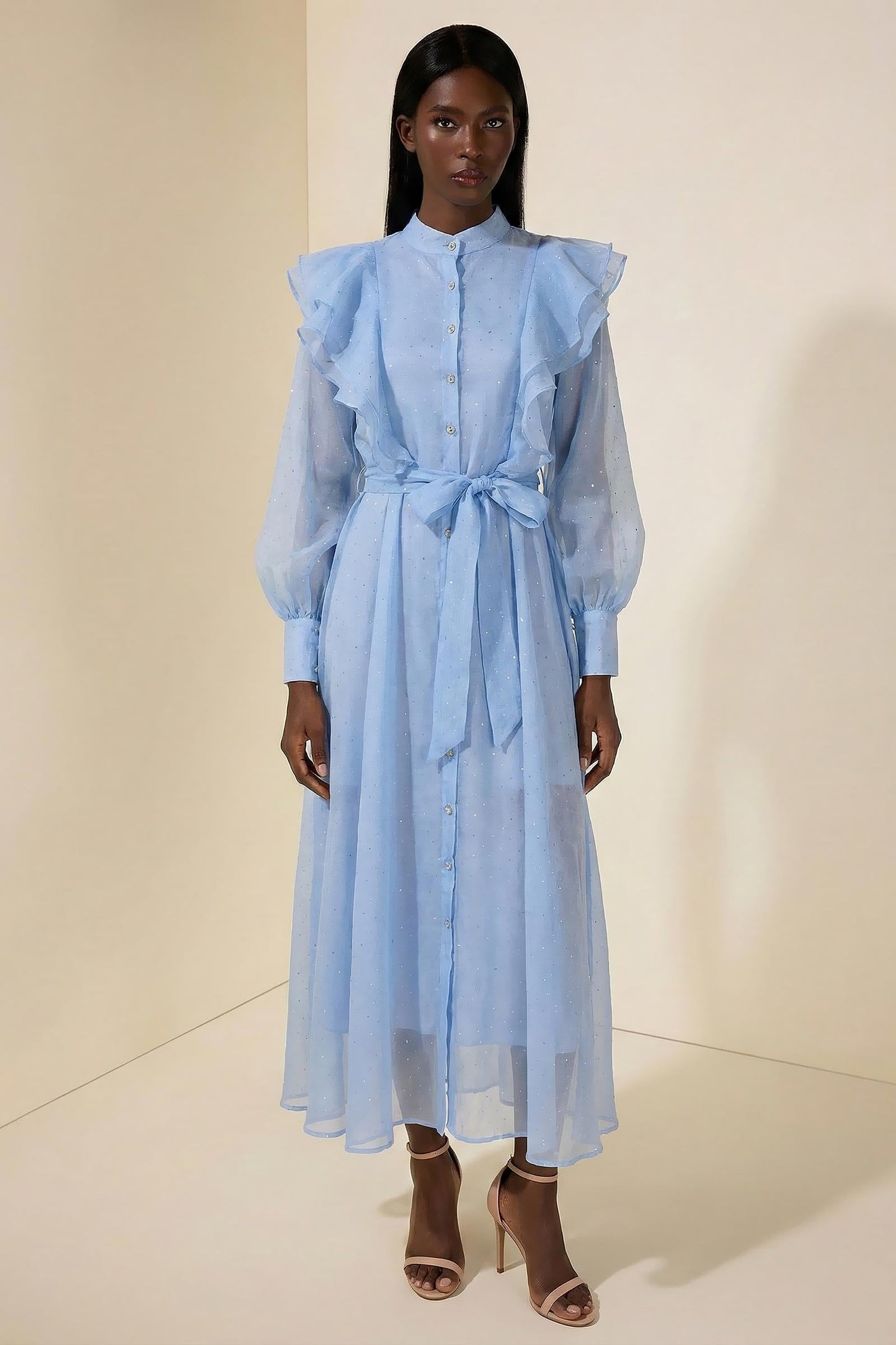 Chiffon Rhinestone Ruffle Maxi Dress With Belt