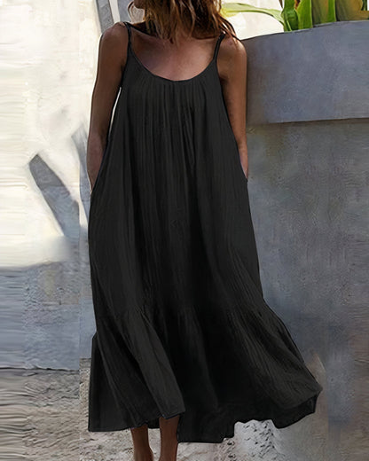 Crinkled Gauze Spaghetti Strap Scoop Neck Pocket Tiered Maxi Dress