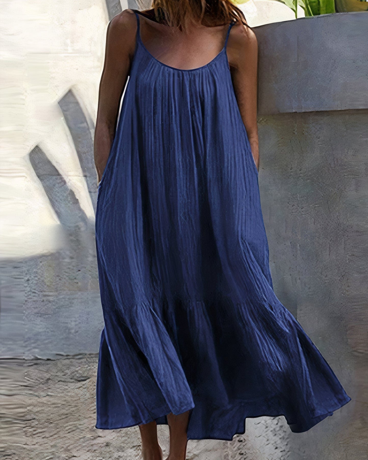 Crinkled Gauze Spaghetti Strap Scoop Neck Pocket Tiered Maxi Dress