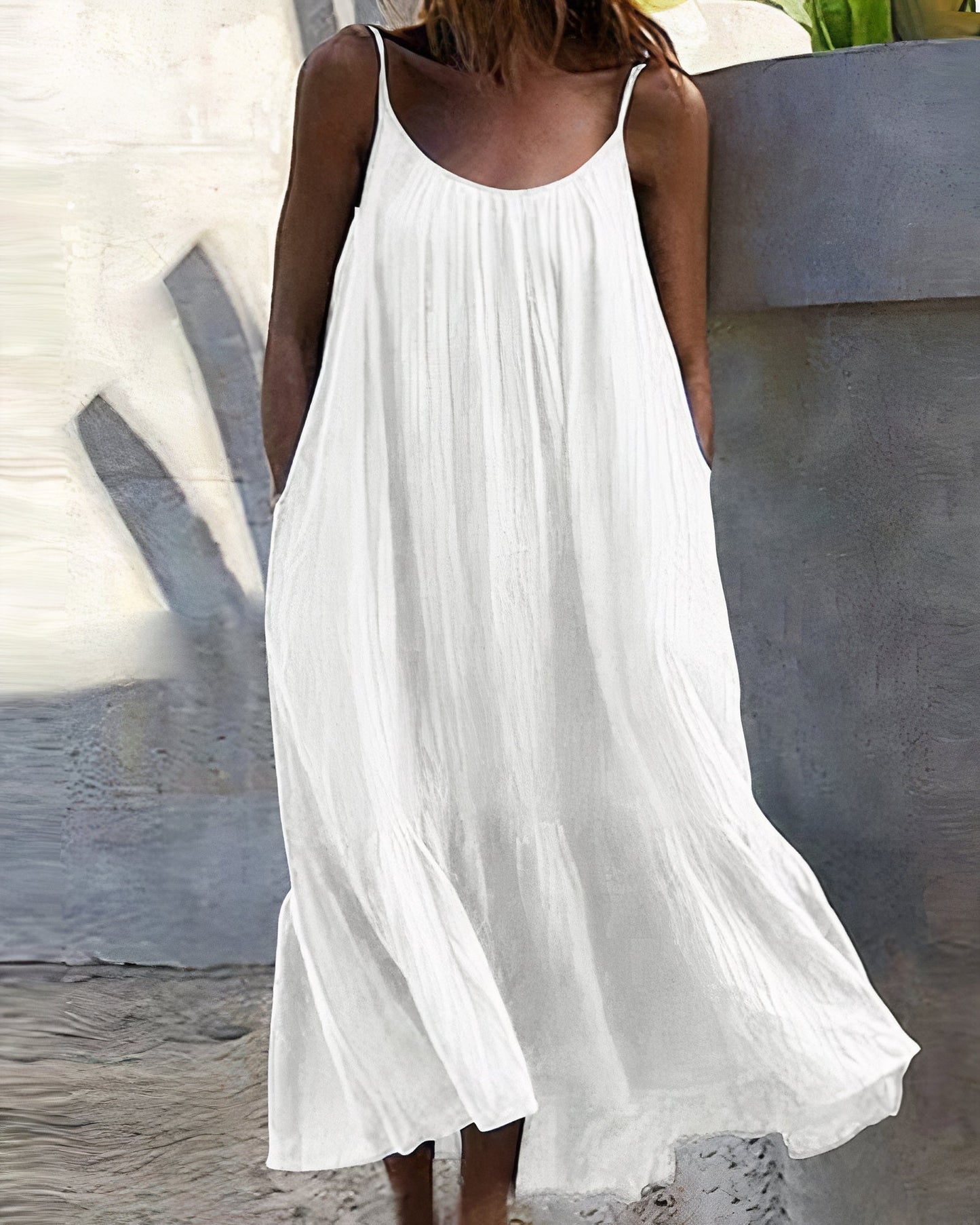 Crinkled Gauze Spaghetti Strap Scoop Neck Pocket Tiered Maxi Dress