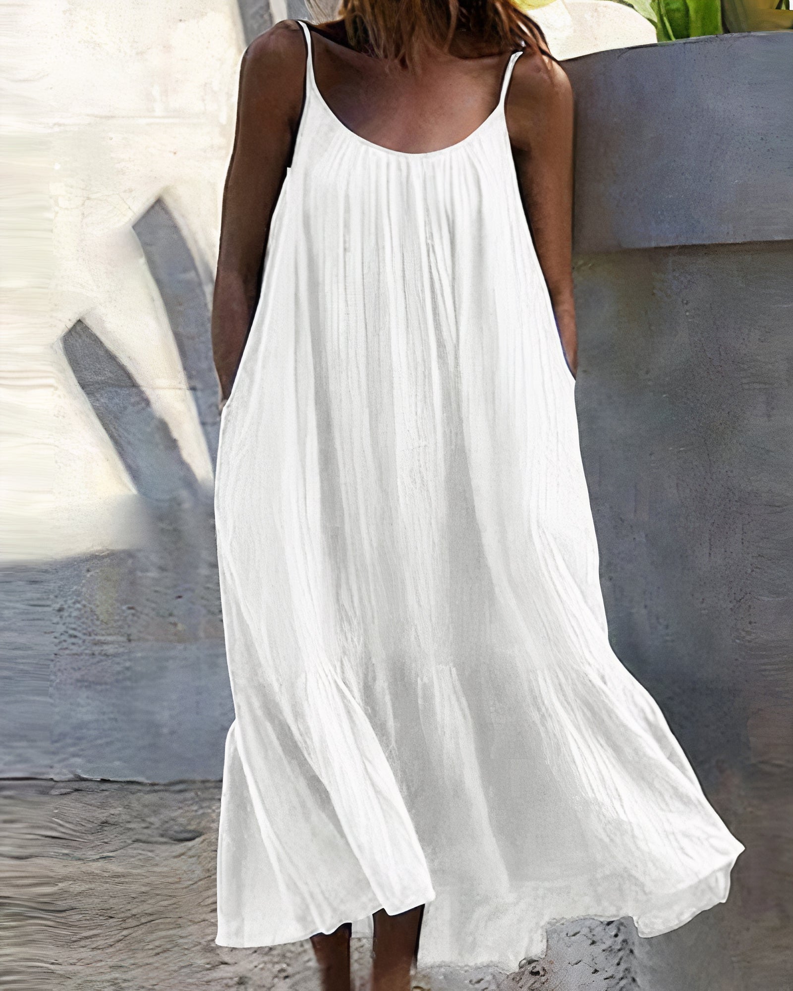 Crinkled Gauze Spaghetti Strap Scoop Neck Pocket Tiered Maxi Dress
