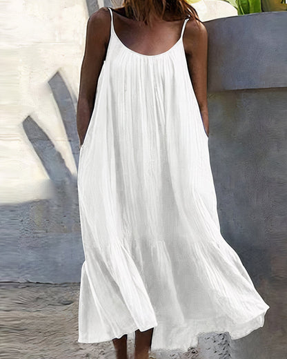 Crinkled Gauze Spaghetti Strap Scoop Neck Pocket Tiered Maxi Dress