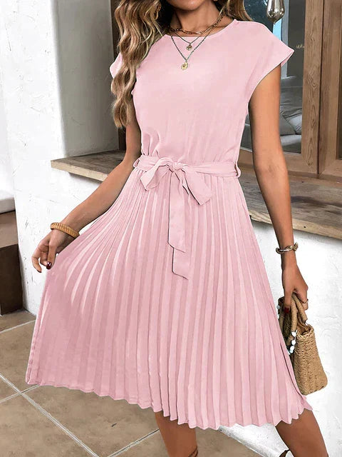 Cap Sleeve Tie Waist Accordion Pleat Midi Dress