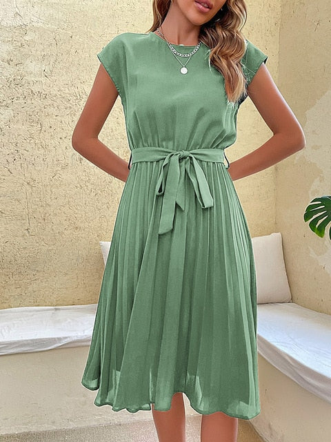 Cap Sleeve Tie Waist Accordion Pleat Midi Dress